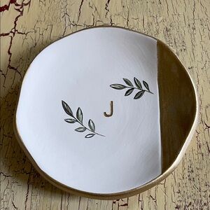 Gold and White Decorative small plate/dish with Leaf Design. Letter J initial
